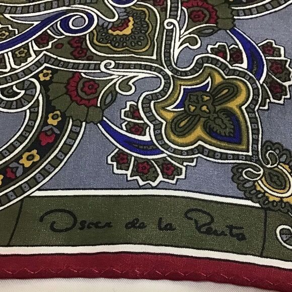 Oscar De La Renta Green Satin Blend Square Scarf 30” X 30” Vintage - Picture 2 of 6